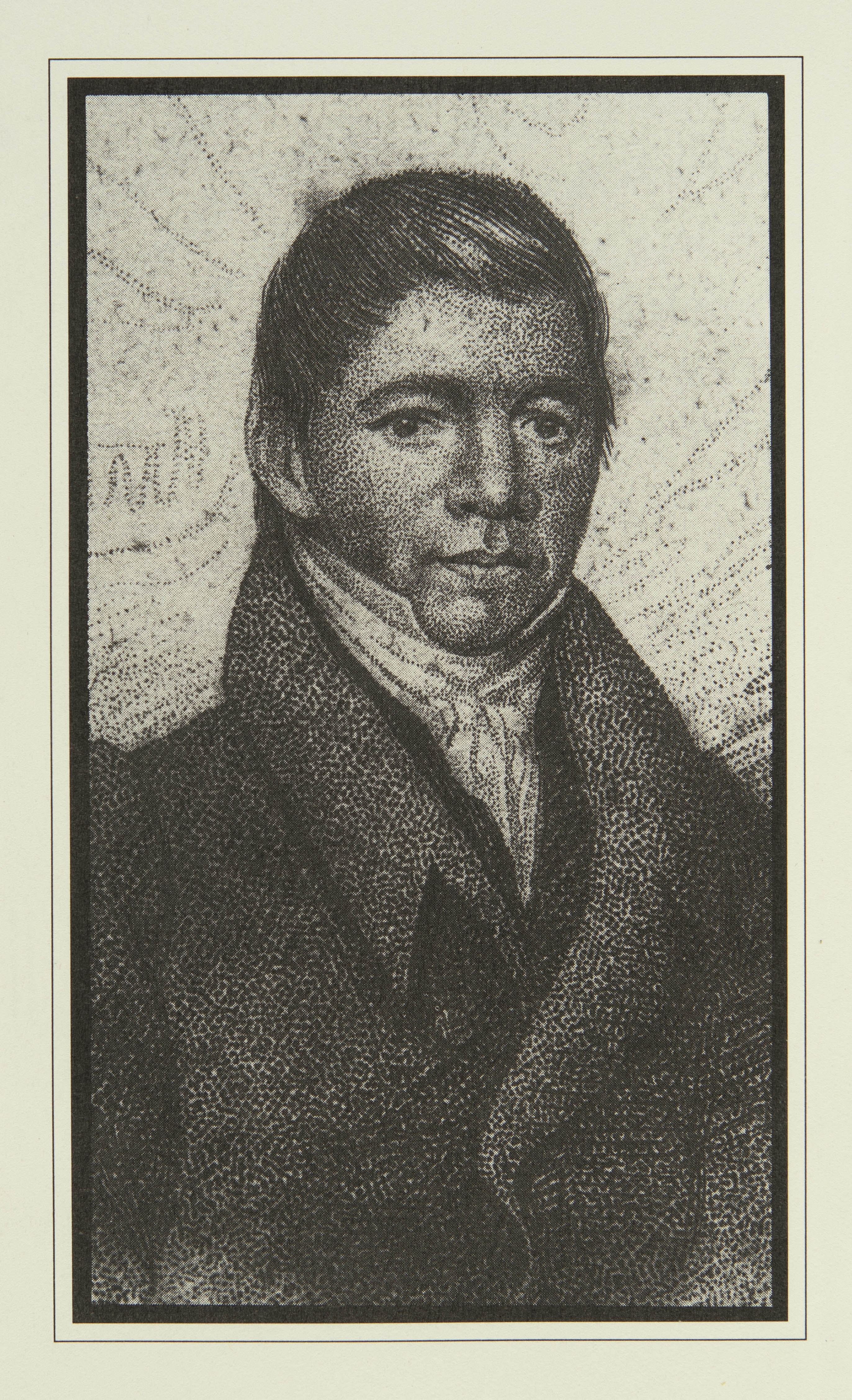 Engraving of a man with short, dark hair wearing a white shirt and dark coat with large lapels