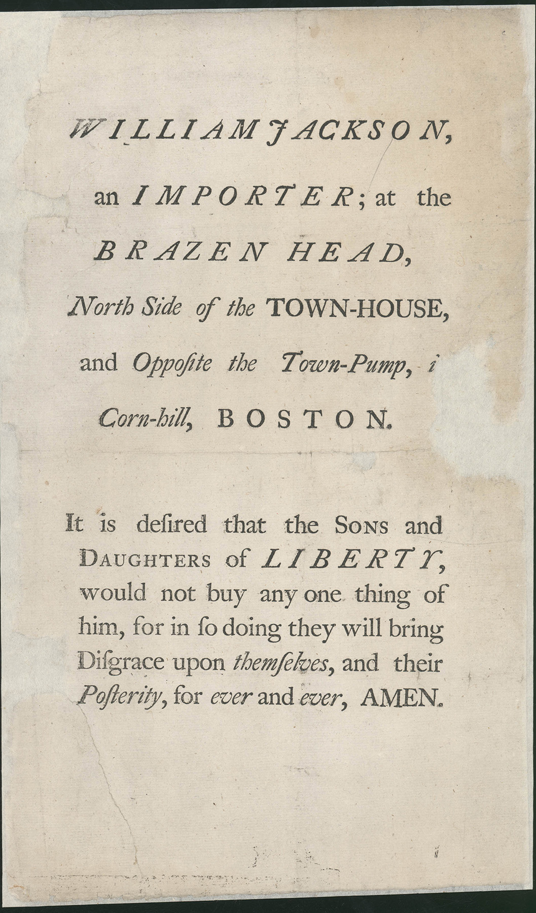 A broadside printed on white paper, with a headline reading 